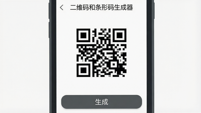 手机屏幕中央显示一个清晰的黑色二维码,背景为纯白色,手机边框为深灰色,界面简洁无广告,顶部显示应用名称“二维码和条形码生成器”,底部有生成按钮,整体风格现代扁平化,高清细节,无多余元素