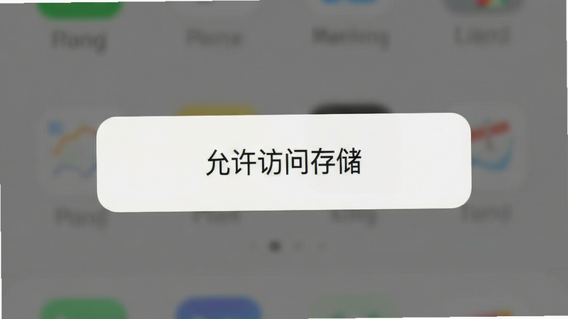 手机界面截图,显示权限设置弹窗,背景为灰色半透明,前景为白色弹窗,清晰显示“允许访问存储”按钮,界面简洁,文字清晰,无多余装饰,高清UI设计