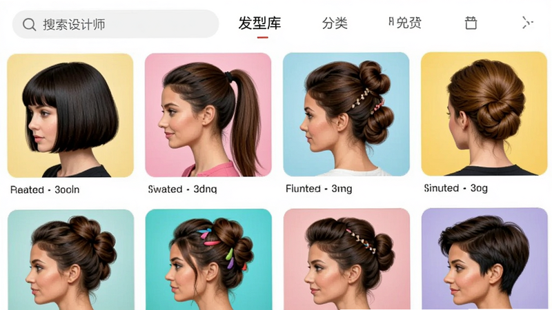 ���������ʦ��APP�ķ��Ϳ���棬��������ʽչʾ�����ͬ�ķ�������ͼ����������ͷ����β���̷��ȣ�ɫ�ʷḻ�������������򣬽��涥�����������ͷ����ǩ������Ϊ��ɫ�������������������ϸ�壬�޶���װ�Σ����ֹ������Ű����ۣ�ϸ���������ɾ�