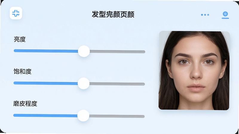 ���������ʦ��APP����������ҳ�棬��Ļ����ʾ�Ż���ؼ����ֱ����ڵ������ȡ����ͶȺ�ĥƤ�̶ȣ��Ա���һ��ʵʱԤ����С���ڣ���ʾ�����沿�仯��������󷽣�ͼ���������������������Ƽ���ǿ�����ʸ��壬������Ԫ�أ����ֽ��գ��Ű������ϸ���������ɾ�