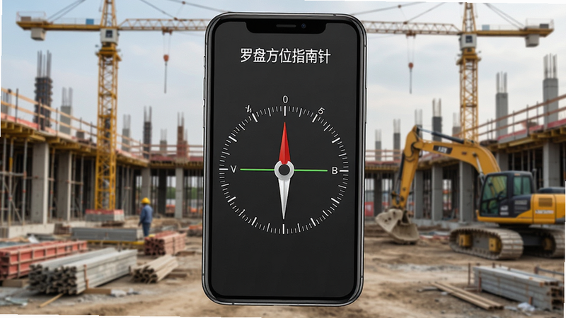 主体为手机屏幕,显示“罗盘方位指南针”的角度测量界面,屏幕上有清晰的水平线和角度刻度,背景为建筑施工现场,布局对称,排版工整,风格工业实用,细节丰富,画质清晰,干净,无多余元素