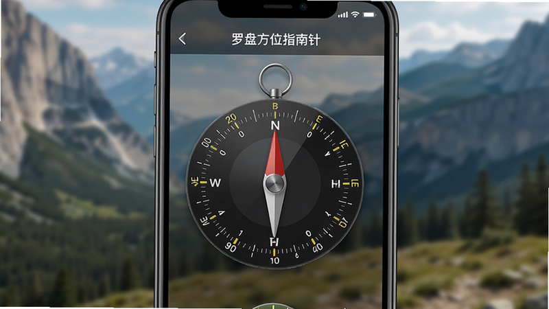 主体为智能手机屏幕,显示“罗盘方位指南针”应用界面,中心是高精度电子罗盘,指针指向北方,周围环绕方位刻度,背景为模糊的户外山川景色,布局居中,排版简洁,风格写实科技,细节清晰,画质高清,干净,无多余元素