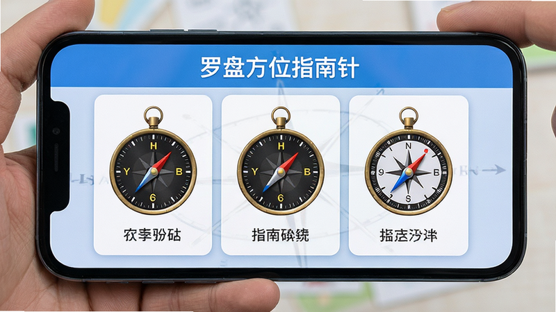 主体为手机屏幕,显示“罗盘方位指南针”的使用步骤图解,分为三步,图文结合,布局清晰,排版有序,风格教学引导,细节明确,画质清晰,干净,无多余元素