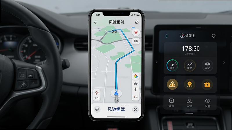 风驰恒驾 APP 界面全貌,主体为手机屏幕,布局清晰,显示地图导航界面与驾驶数据面板,排版整齐,风格现代简约,细节包含路线规划、速度显示、安全提示图标,画质高清,干净,无多余元素,文字