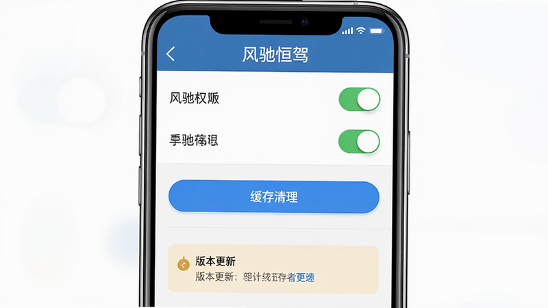 风驰恒驾 手机端设置界面,主体为手机屏幕,布局为列表形式,排版清晰,风格简洁,细节包含权限开关、缓存清理按钮、版本更新提示,画质高清,干净,无多余元素,文字