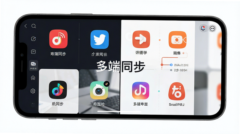 主体为手机屏幕显示的多平台直播界面,布局分屏展示不同平台图标,排版紧凑有序,风格极简商务,细节突出同步发送的数据节点,画质锐利,干净,无多余元素,文字