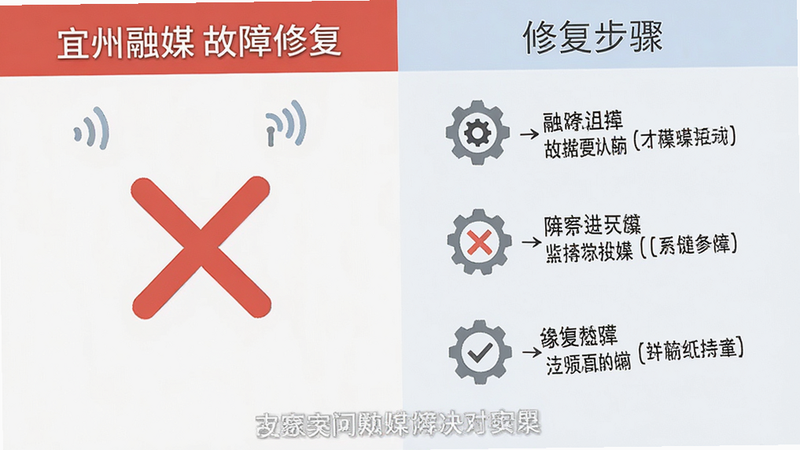 主体为手机故障排查场景,布局为问题与解决方案对比,左侧显示错误图标,右侧显示修复步骤,风格简洁直观,细节包含网络信号图标与设置齿轮,画质清晰,干净,无多余元素,文字标注“宜州融媒 故障修复”