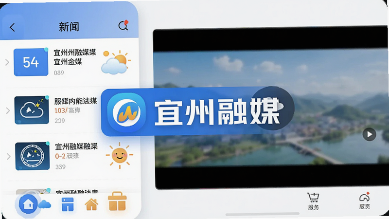 主体为手机应用功能展示图,布局分为左侧新闻列表、右侧视频预览区,中间突出显示“宜州融媒”Logo,排版采用卡片式设计,风格科技感与亲和力并存,细节包含天气图标、服务入口图标,画质清晰,干净,无多余元素,文字标注“宜州融媒”
