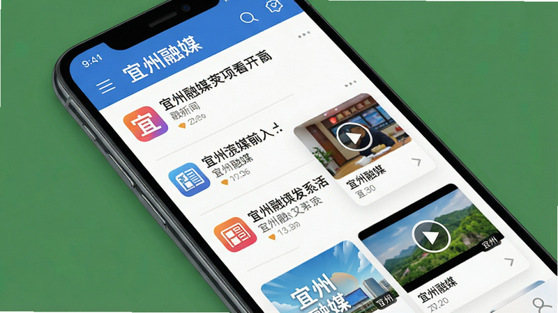 主体为智能手机屏幕界面,布局清晰,顶部显示“宜州融媒”App名称,下方展示新闻列表与视频卡片,排版整洁有序,风格为现代扁平化UI设计,细节处体现新闻图标与播放按钮,画质高清,干净,无多余元素,文字内容包含“宜州融媒”