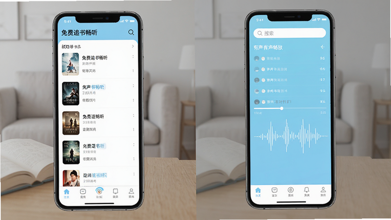 软件名称为“免费追书畅听”的手机应用界面全景图,主色调为清新的淡蓝色与白色,左侧显示简洁的小说列表,右侧展示正在播放的有声书进度条和波形图,顶部有搜索栏,底部为导航栏,整体风格现代简约,高清,无多余元素