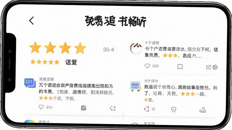 “免费追书畅听”应用的用户评价界面,显示高分评分和正面评论,界面简洁,文字清晰,背景为白色,风格专业,高清
