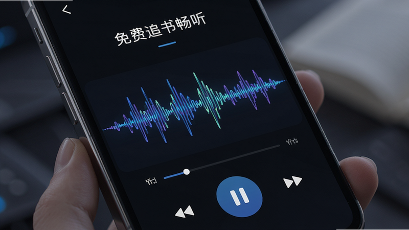 “免费追书畅听”应用的语音听书功能特写,手机屏幕显示正在播放的有声书界面,波形图动态变化,下方有播放控制按钮,背景为深色模式,突出文字与图标的清晰度,风格科技感强,细节丰富,高清
