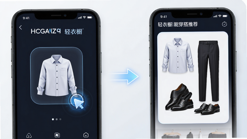 轻衣橱智能穿搭推荐功能演示图,主体为手机界面,左侧展示单件衬衫图标,右侧展示由衬衫、西裤和皮鞋组成的完整套装预览,中间有箭头指示搭配关系,布局左右对称,排版逻辑清晰,风格科技感与时尚感结合,细节处有点击反馈效果,画质清晰,干净无多余元素,文字显示