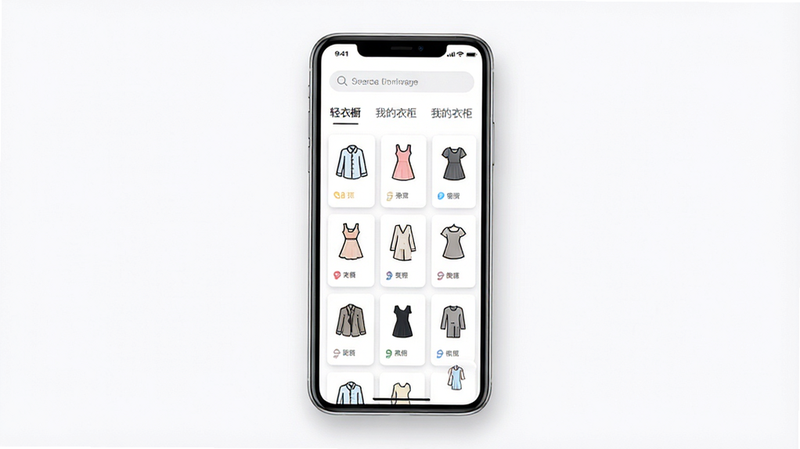 轻衣橱手机应用界面全景图,主体为白色背景上的手机屏幕,屏幕内显示着整齐排列的衣物卡片网格,包含衬衫、连衣裙等图标,顶部有搜索栏和分类标签,布局清晰有序,排版简洁现代,风格清新简约,细节处有柔和阴影,画质高清,干净无多余元素,文字显示