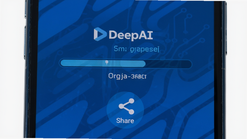 主体为手机侧面特写,屏幕显示DeepAI漫剧生成的导出进度条,布局为中央进度指示,排版简洁,风格为科技蓝,细节包含导出成功后的分享图标,画质清晰,干净,无多余元素