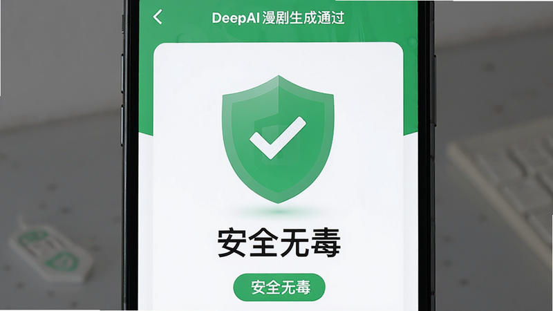 主体为手机安全认证界面,显示DeepAI漫剧生成的安全检测通过标志,布局为中央盾牌图标,排版简洁,风格为绿色安全主题,细节包含“安全无毒”字样,画质清晰,干净,无多余元素