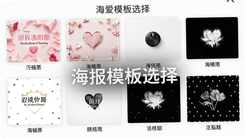 恋爱计时器应用内的海报选择界面,展示多种不同风格的模板缩略图,包括粉色浪漫风和简约黑白风,界面布局整齐,每个模板下方有名称标签,高清展示,文字标注