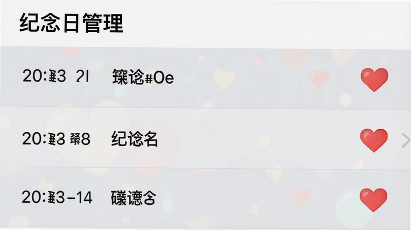 恋爱计时器应用内的纪念日列表页面展示,列表项包含日期和纪念日名称,右侧有红色爱心图标,背景为浅灰色,界面整洁有序,清晰展示多条目管理功能,高保真UI设计,文字标注