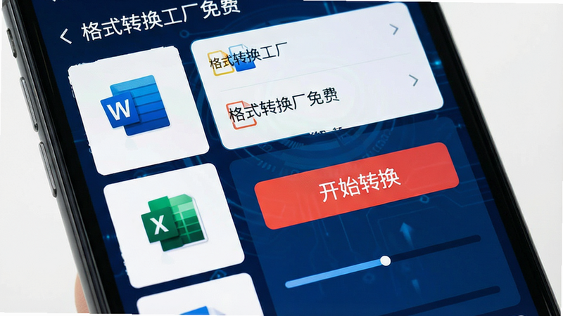 主体为手机屏幕特写,展示“格式转换工厂免费”APP的文件类型选择界面,布局为网格状列表,左侧列出源文件类型图标(如Word蓝色图标、Excel绿色图标),右侧显示目标文件类型选项,中间有一个醒目的红色“开始转换”按钮,背景为深蓝色科技感UI,细节处显示文件加载进度条,风格现代简洁,画质清晰,干净,无多余元素,界面文字显示“格式转换工厂免费”