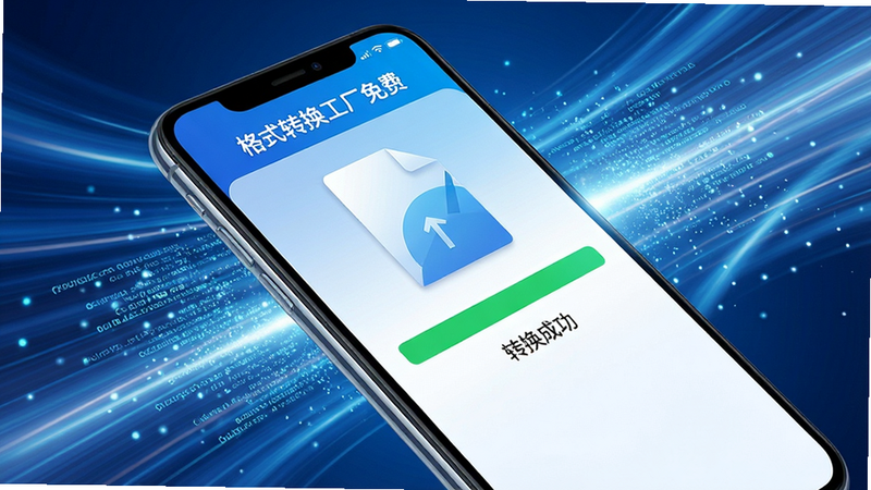 主体为抽象的速度概念图与手机界面结合,手机屏幕显示“格式转换工厂免费”APP正在转换一个大文件,进度条已满,显示“转换成功”,背景是流动的光带,象征高速数据传输,布局为对角线构图,风格动感强烈,色彩以蓝色和白色为主,细节处有数据流粒子效果,画质高清,干净,无多余元素,屏幕文字显示“格式转换工厂免费”