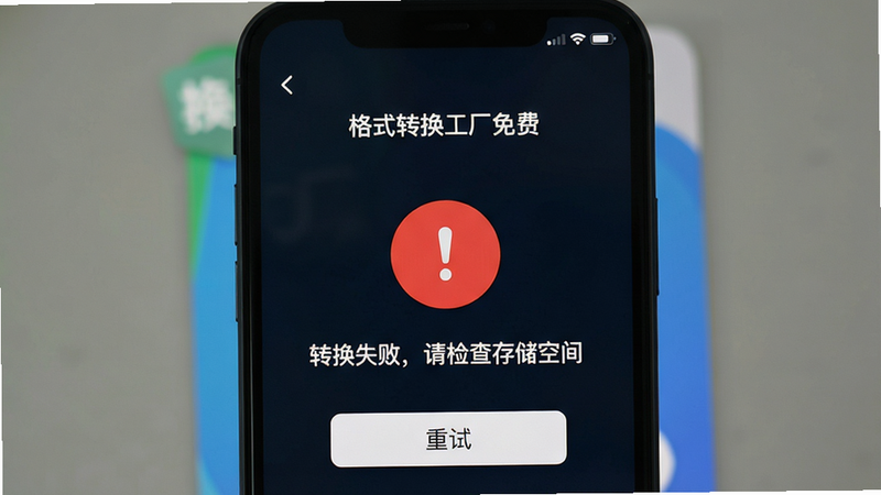 主体为手机屏幕显示错误提示界面,背景为“格式转换工厂免费”APP,界面中央有一个红色圆形警告图标,下方文字显示“转换失败,请检查存储空间”,布局居中,风格简洁明了,细节处包含“重试”按钮,画质清晰,干净,无多余元素,屏幕文字显示“格式转换工厂免费”