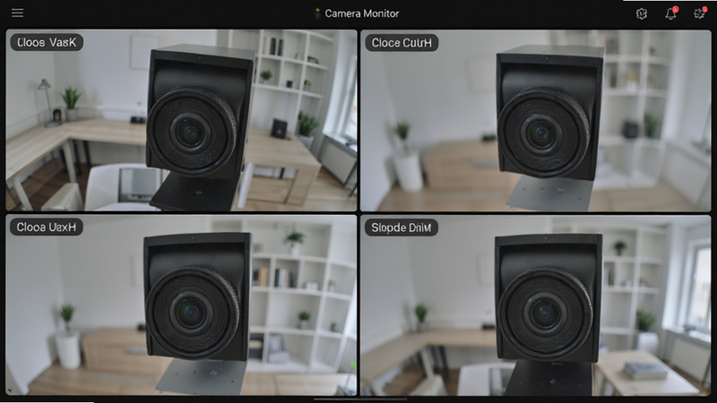 展示Camera Monitor应用内多画面分割监控模式的界面设计,四个摄像头画面整齐排列,每个画面角落有设备名称标签,界面色调为暗色模式以减少视觉疲劳,风格专业严谨,画质高清,细节清晰,无水印