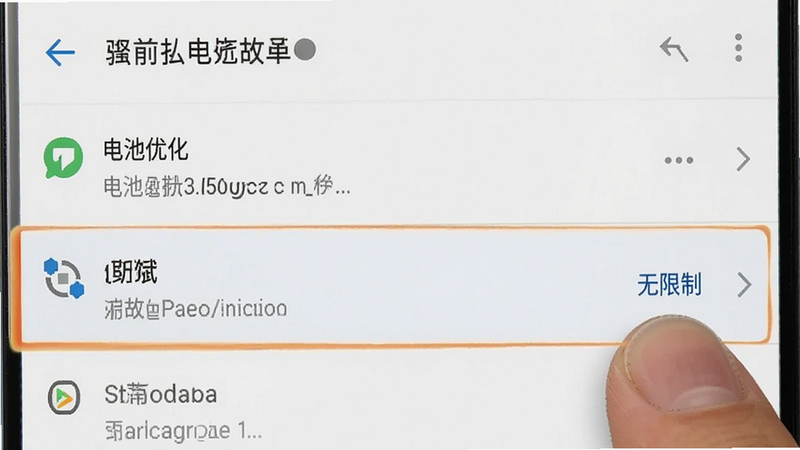 手机设置界面截图,高亮显示电池优化选项,手指点击“无限制”按钮,界面简洁,文字清晰,背景为Android原生设置风格,画质高清,无多余弹窗