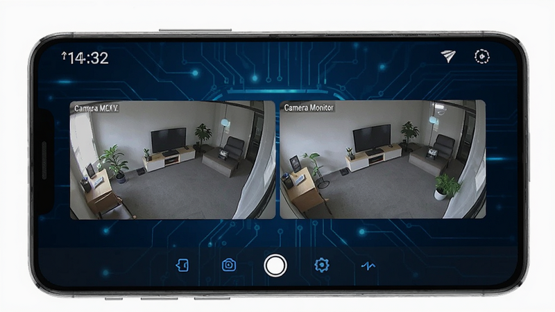 一张高清的安卓手机屏幕界面展示图,主体为Camera Monitor应用的主界面,背景为深蓝色科技风,布局清晰,顶部显示时间,中间区域展示两个实时监控摄像头的画面预览,底部有简洁的功能图标栏,风格现代简约,细节丰富,画质4k,干净无多余元素
