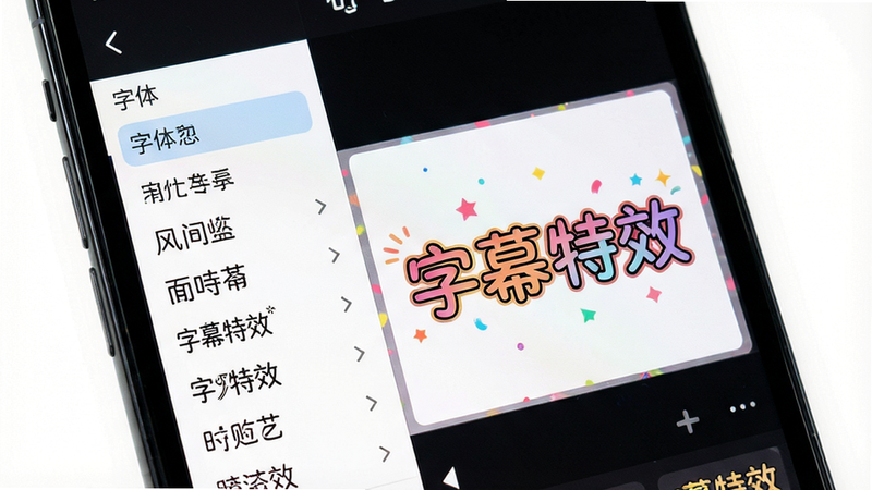 主体为手机屏幕展示字幕编辑界面,布局包含字体选择列表与预览区,排版直观,风格活泼多彩,细节显示多种花字样式,画质高清,干净,无多余元素,文字