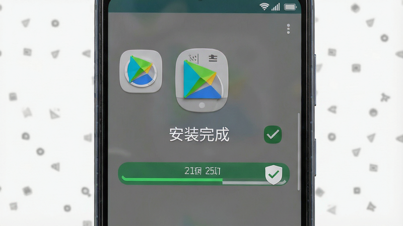 主体为安卓手机安装界面,布局显示应用图标与安装进度条,排版居中,风格简约,细节显示安装成功勾选标记,画质高清,干净,无多余元素,文字