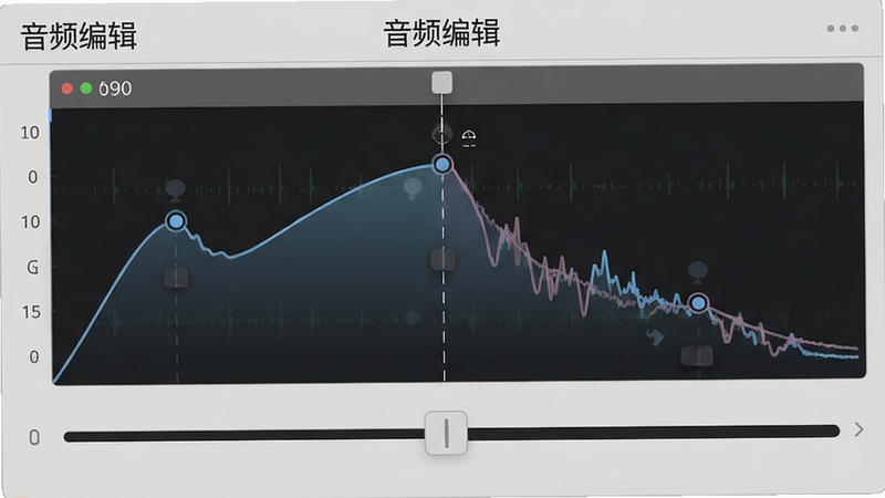 主体为音频波形编辑界面,布局展示音量曲线调节滑块,排版简洁,风格专业,细节显示淡入淡出节点,画质清晰,干净,无多余元素,文字