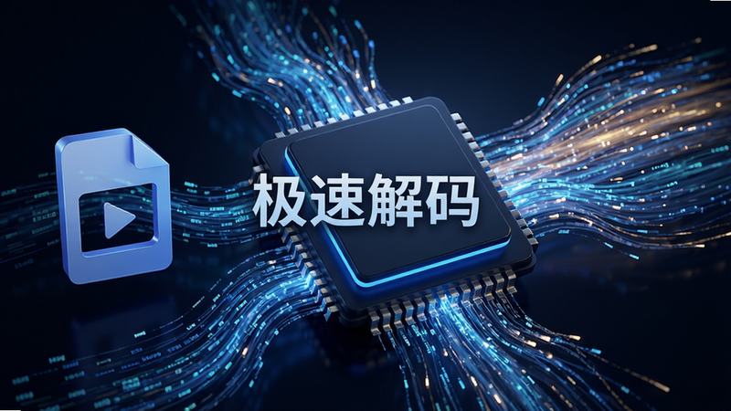 吉米盈解码引擎示意图,主体为抽象的数据流与芯片,布局为左右结构,左侧为视频文件图标,右侧为高速传输的光流,风格为科技感3D渲染,细节展现数据快速流动,画质高清,干净,无多余元素,文字