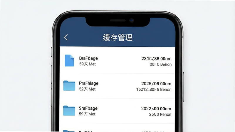 吉米盈缓存管理界面,主体为手机文件管理器界面,布局为列表式,风格为商务简洁,细节展现文件大小与日期信息,画质清晰,干净,无多余元素,文字