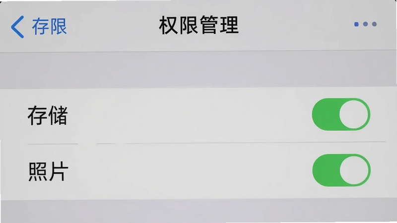 手机设置界面截图,显示“权限管理”页面,其中“存储”和“照片”权限开关为开启状态,背景为浅灰色,文字清晰,体现“手机相册照片管家”的权限设置教程,简洁明了,无其他干扰元素
