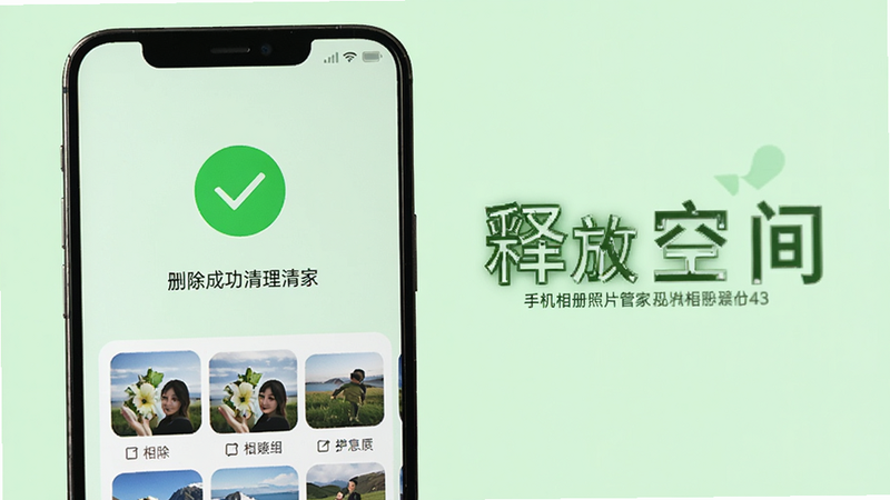 手机屏幕显示“清理成功”界面,绿色对勾图标,下方列出已删除的相似照片缩略图,背景为浅绿色,传达清爽、释放空间的感觉,文字“释放空间”醒目,体现“手机相册照片管家”的清理功能,简约风格