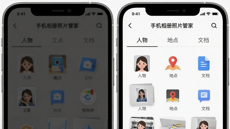 手机相册分类界面示意图,显示“人物”、“地点”、“文档”等标签页,每个标签下有对应的小图标,界面整洁白色背景,文字清晰,体现“手机相册照片管家”的智能化分类功能,现代UI设计,无杂乱背景