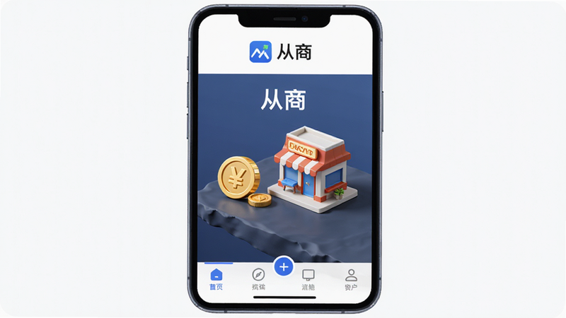 主体为手机屏幕界面,展示“从商”App的主菜单,布局清晰,顶部显示Logo,底部有导航栏,风格为现代简约商务风,细节包含金币图标、商店建筑模型,画质高清,干净,无多余元素