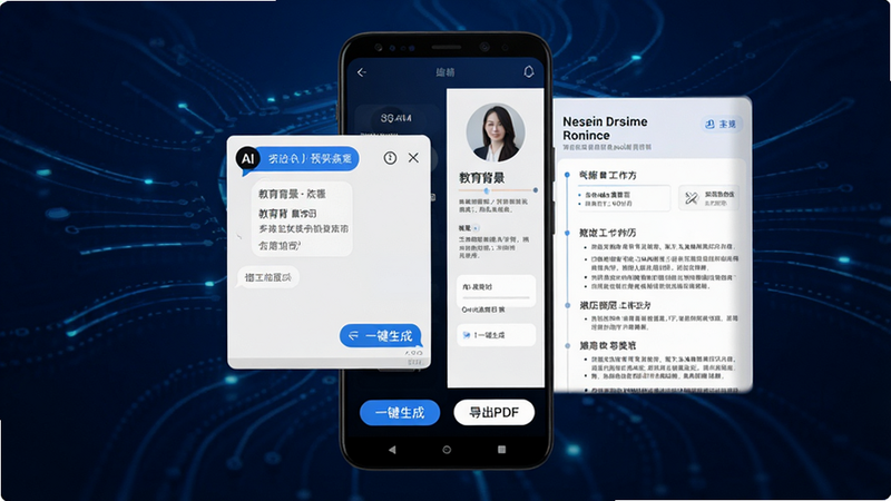 AI简历专家手机应用界面全景图,深蓝色科技感背景,中央展示一部安卓手机,屏幕内显示简历编辑界面,左侧为AI对话窗口,右侧为生成的精美简历预览,包含头像、教育背景、工作经历模块,底部有“一键生成”和“导出PDF”按钮,整体风格极简现代,高清,无多余元素