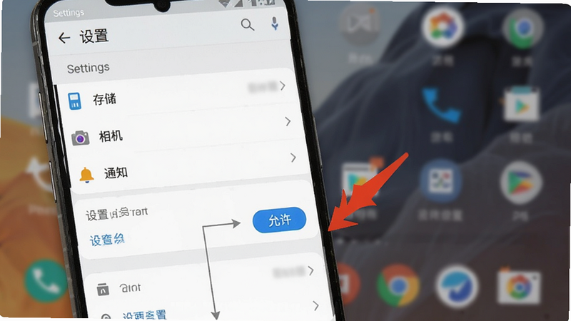 AI简历专家安卓手机设置权限界面示意图,手机屏幕显示“设置”应用,列表中有“存储”、“相机”、“通知”等选项,旁边有红色箭头指向“允许”按钮,背景为模糊的桌面壁纸,清晰展示操作路径
