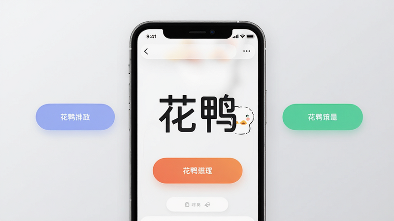 主体为花鸭App的手机界面展示图,布局采用居中对称设计,排版清晰简洁,风格为现代扁平化UI,细节包含柔和的阴影效果和圆角矩形按钮,画质高清,干净无多余元素,背景为浅灰色渐变,画面中央有