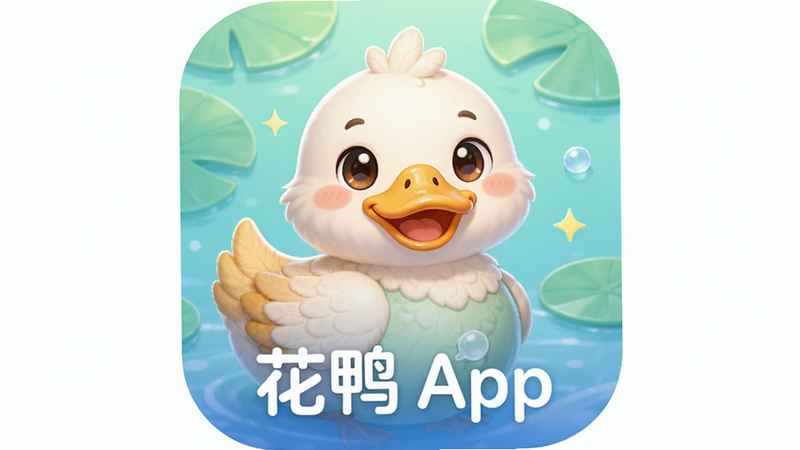 主体为花鸭App图标与鸭子卡通形象结合,布局平衡和谐,排版居中,风格为可爱卡通风,细节包含羽毛纹理和微笑表情,画质柔和,干净可爱,无复杂背景,文字标注