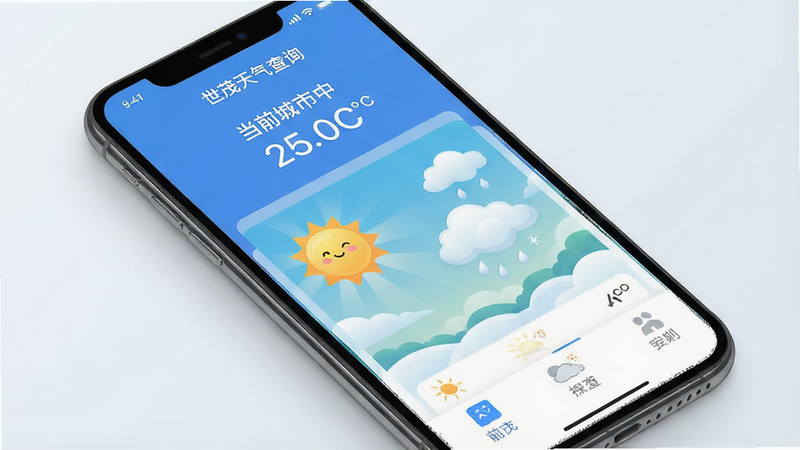 һ�Ÿ����ƶ���Ӧ�ý���չʾͼ������Ϊ����ï������ѯ��App��ҳ������������������ʾ��ǰ������ʵʱ�¶ȣ��м��Ǿ�����������ͼ����������ƶ䣩���ײ��й��ܵ�����������ִ���Լ����ɫ������ɫ����ϸ�ڷḻ������4K���ɾ��޶���Ԫ�أ����֡���ï������ѯ�������ɼ�