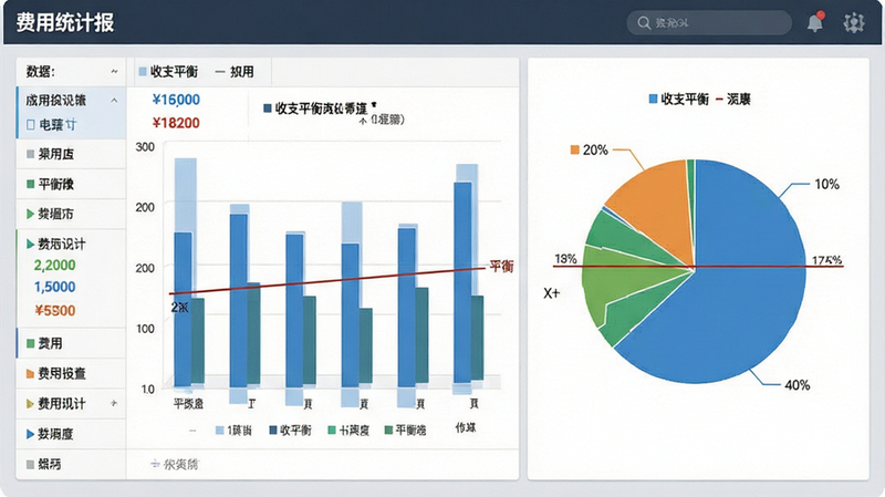 主体为费用统计报表界面,包含柱状图与饼图,布局左右分栏,左侧为数据列表,右侧为图表,排版专业严谨,风格为数据可视化设计,细节包含收支平衡线,画质清晰,干净,无多余元素
