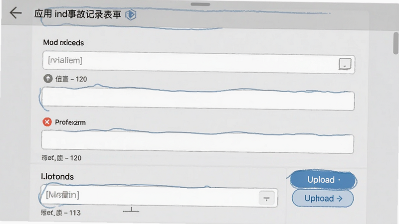 主体为应用内的事故记录表单界面,包含输入框与上传按钮,布局清晰,排版为表单式设计,风格为实用主义,细节包含必填项标识,画质清晰,干净,无多余元素