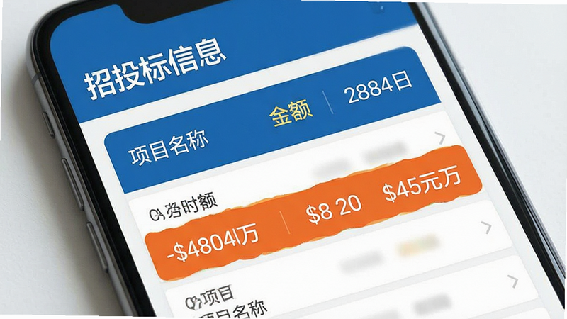 一张显示招投标列表的手机界面,列表项包含项目名称、金额、时间,布局规整,排版紧凑,风格商务蓝,细节展示金额高亮,画质2k,干净,无多余元素,文字包含“招投标信息”