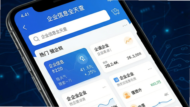 一张高清手机界面截图,主体为“企业信息全天查”APP首页,显示搜索框和热门企业列表,布局清晰,排版整洁,蓝色科技风格,细节展示数据卡片,画质4k,干净,无多余元素,文字包含“企业信息全天查”