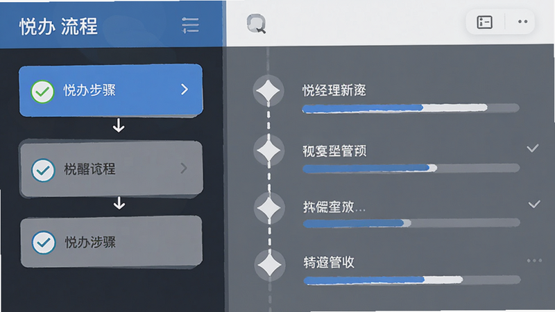 主体为悦办应用内的流程指引界面,布局为左侧步骤列表,右侧详情展示,排版为时间轴样式,风格为扁平化UI设计,细节包含勾选图标与进度条,画质高清,干净,无多余元素,文字包含