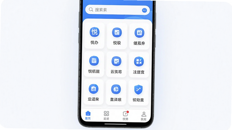 主体为一款名为悦办的安卓手机应用界面,布局为竖屏手机全屏展示,排版清晰,顶部有搜索栏,中间为功能网格菜单,底部为导航栏,风格为现代极简科技风,蓝色为主色调,细节包含高清图标与柔和阴影,画质4k,干净,无多余元素,文字包含