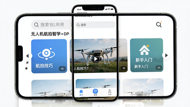 主体为智能手机屏幕界面,显示“无人机航拍智学”APP首页,布局清晰分为顶部搜索栏、中部轮播视频区、底部功能导航栏,排版整洁,风格简约现代,细节包含清晰的图标和文字“航拍技巧”、“新手入门”,画质高清,干净,无多余元素