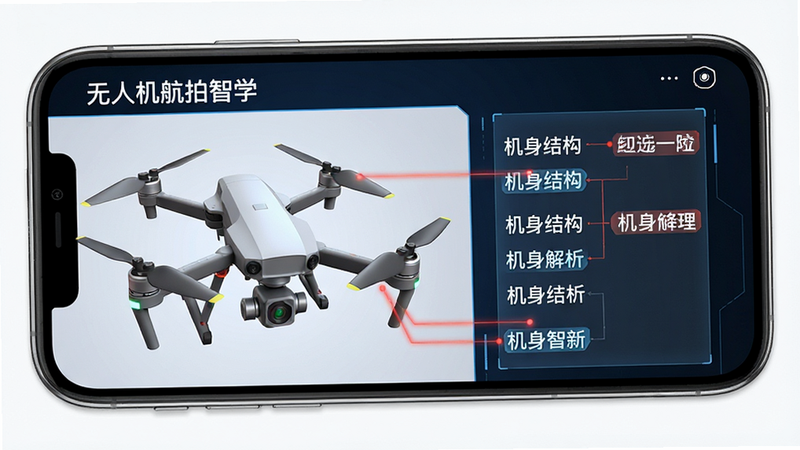 主体为无人机特写与手机屏幕互动场景,手机屏幕显示“无人机航拍智学”中的“机身结构解析”模块,布局左侧为3D无人机模型,右侧为高亮标注的部件名称,排版左右分栏,风格科技感强,细节包含红色引导线指向螺旋桨和云台,画质清晰,干净,无多余元素